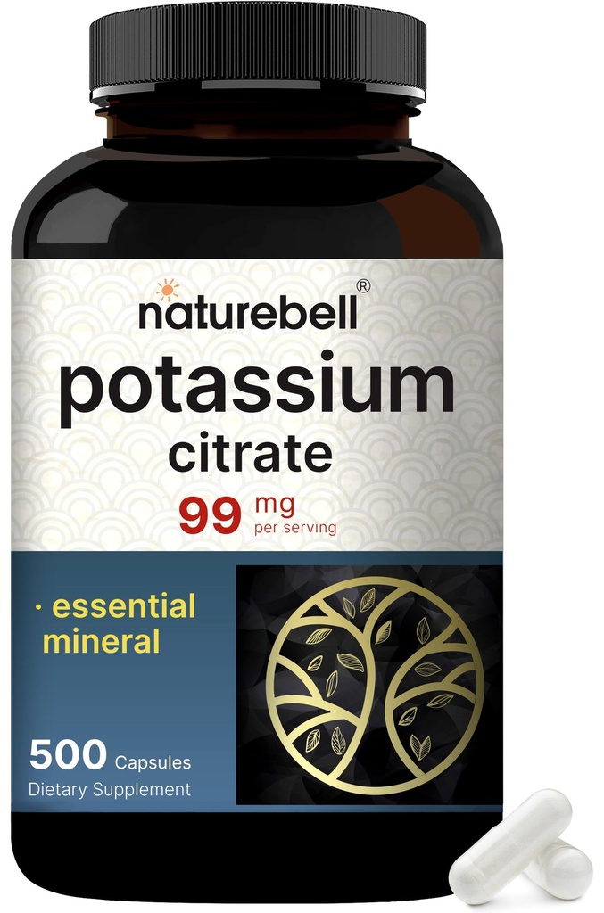 Kaaliumtsitraadi lisand 99mg, 500 kapslit | Kergesti imenduv kelaatvorm – oluline mineraalelektrolüütide tasakaal – toetab lihas-, luu- ja südame tervist – mitte-GMO