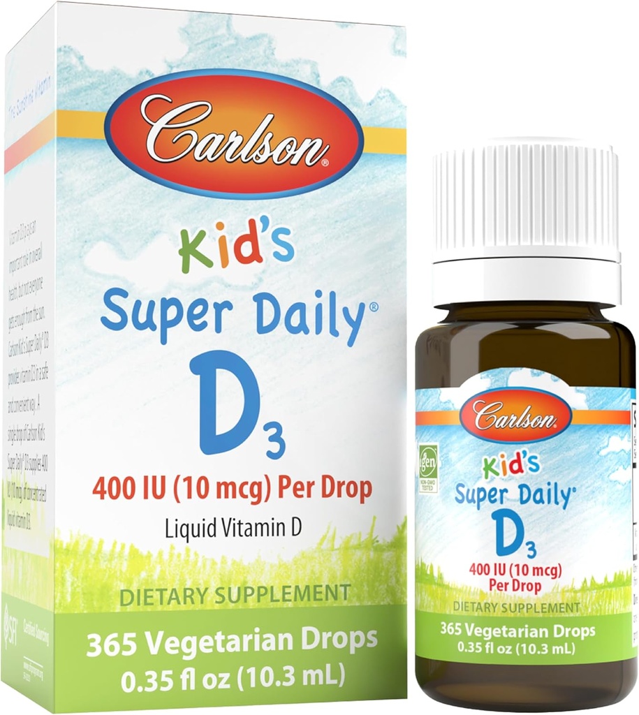 Carlson - Kid's Super Daily D3, D-vitamiini tilgad lastele, 400 RÜ tilga kohta, 1-aastane tarne, süda ja immuunsus Tervis, taimetoitlane, vedel D-vitamiini tilgad, maitsestamata, 365 tilka
