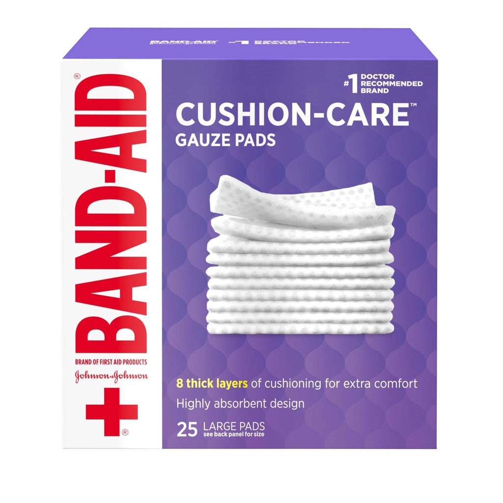 Band-Aid Brand Absorbent Cushion Care Sterile Square Gauze padjad esmaabi kaitse väiksemate kärbete, Scrapes & Burns, Non-Adhesive, Haavahooldus Kleitpadjad, suured, 4 x 4 in, 25 ct