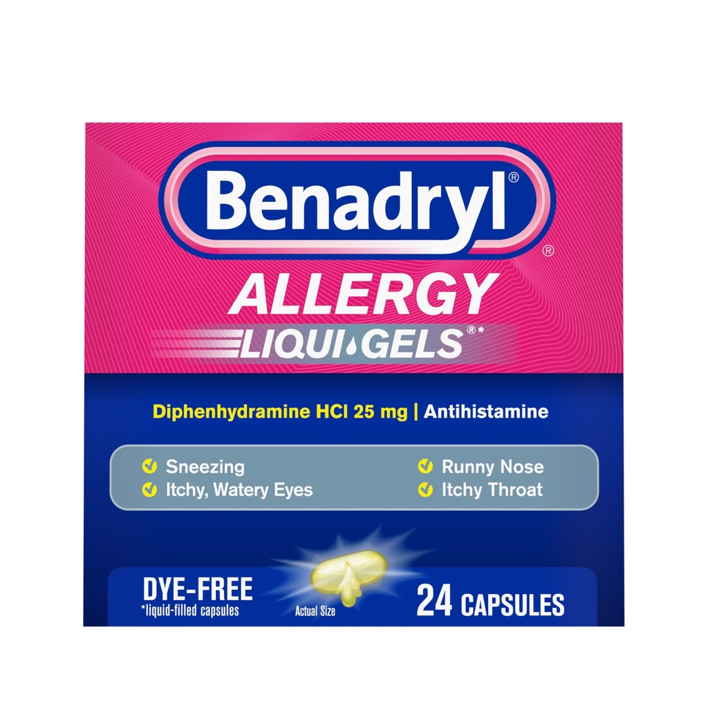 Benadryl Liqui-Gels Allergia Meditsiin, Dye-Free Vedel Gel Kapslid 25 mg Difenhüdramiin HCl Antihistamiini leevendamiseks Allergia & Külmad sümptomid nagu Runny Nina & Aevastamine, 24 ct