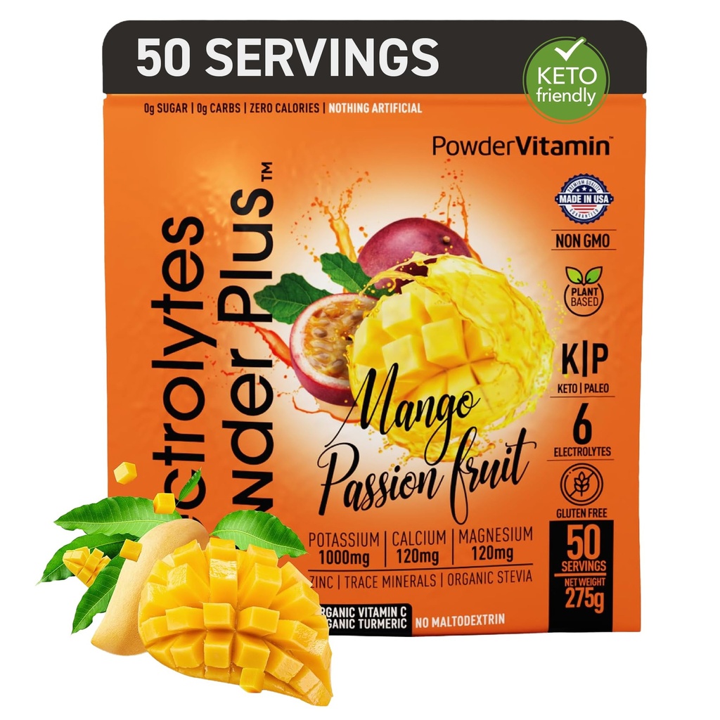 PowderVitamin Electrolytes Powder Plus (50 Servings) Mango Passionfruit Elektrolüüt Pulber Nullkalor Keto, 0 Suhkur, No Maltodekstriin, 1000mg Kaalium, 120mg Kaltsium, 120mg Magneesium, Hüdratsioon Pulber