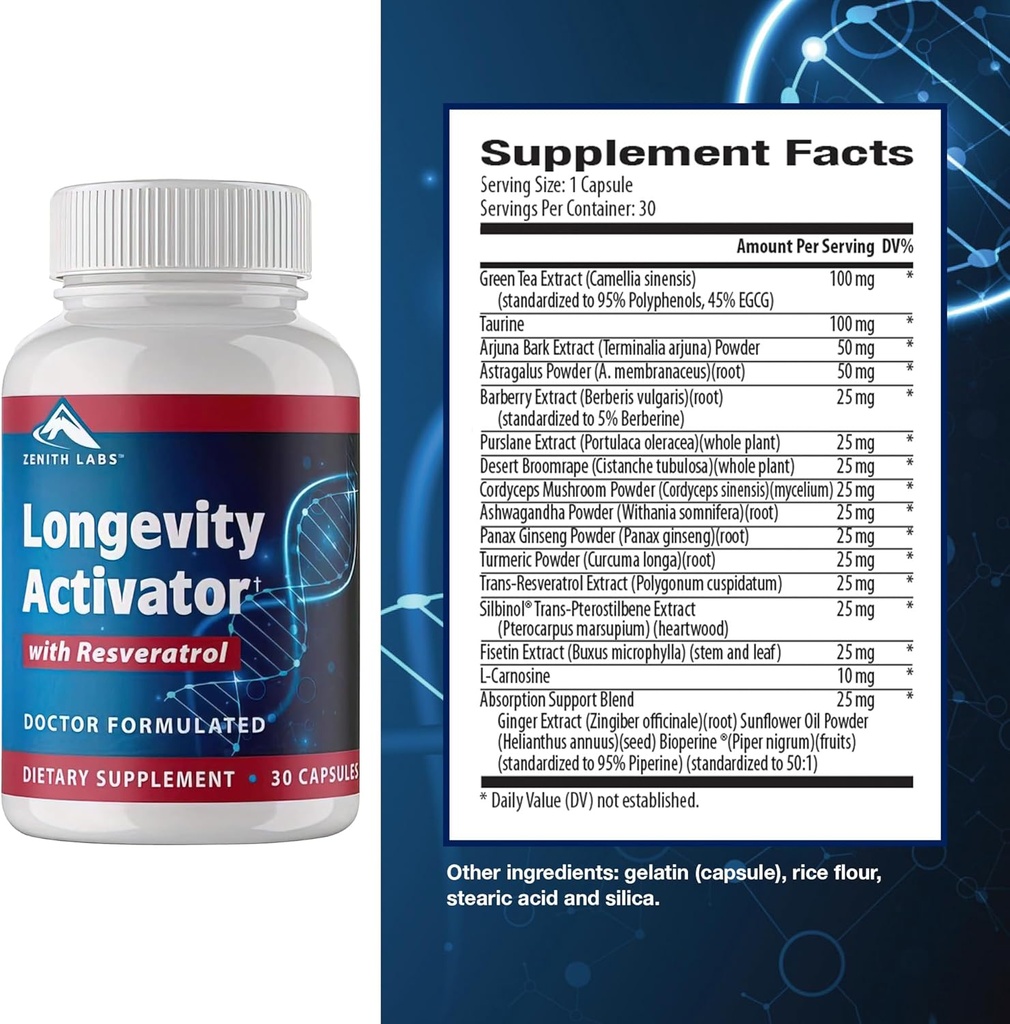 Zenith Labs Longevity Activator Anti-Aging Supplement Dietary Supplement, Natural Antioksüdandid Resveratrol - toetab immuunsüsteemi funktsiooni ja tervislikku mälu, 3 Pack