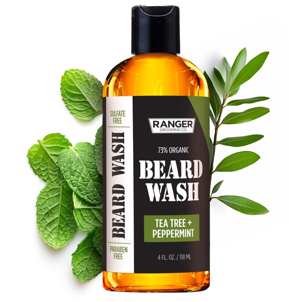 Leven Rose Beard Wash Shampoo by Ranger Grooming Co, Sulfate Free Natural Beard Cleanser & Conditioner for Men, Teepuu & Peppermint for Growth & Thickening, Paraben Free 4 oz
