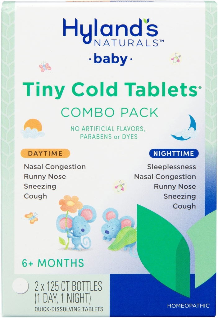 Hyland's Baby Tiny Cold tabletid, päeva ja öö väärtuse pakett, imikute ja beebide külma meditsiin, dekongestant, runny nina ja köha leevendamine, 250 kiiret lahustuvat tabletti