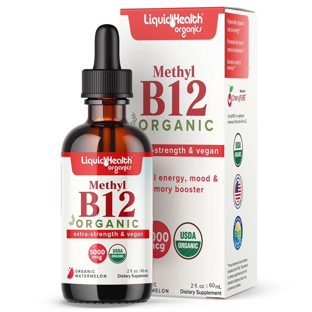 LIQUIDHEALTH USDA Orgaaniline Metüülvitamiin B12 Metüülkobalamiin Vedelad tilgad Tart Cherry mahlaga - Suurendage energiat, immuunsust, parandage mälu ja kontsentratsiooni - USA Made, Vegan, Non-GMO (2 oz)