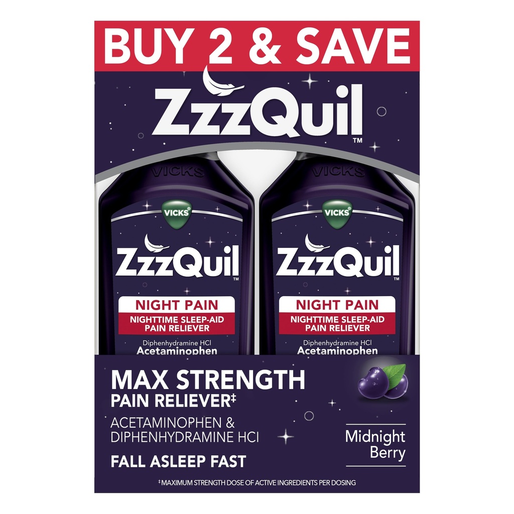 ZzzQuil Liquid , Max Strength Pain Reliever , Nighttime Sleep Aid Vequid , Acetaminophen 1000mg , Difenhüdramiin 50mg HCI , Non- Habit Forming , Midnight Berry Flavored , 2 Pack , 24 FL OZ