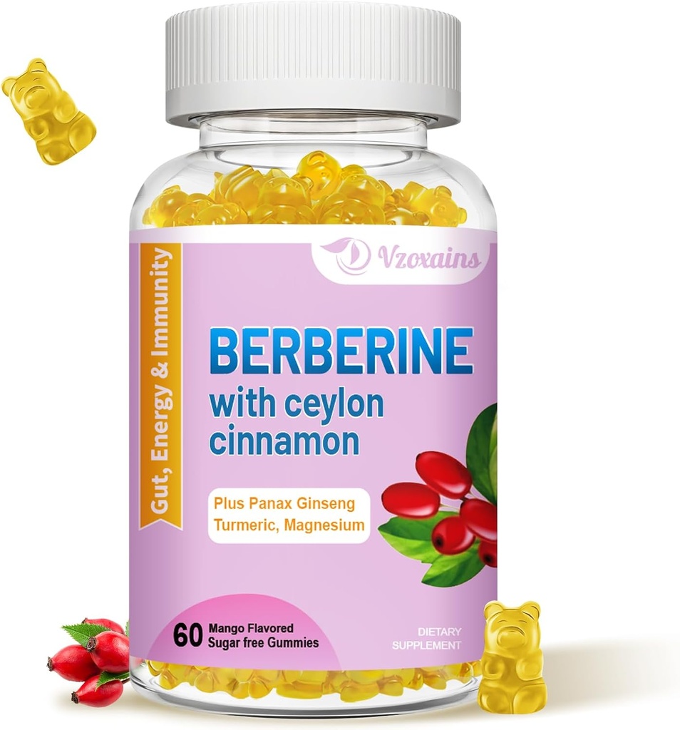 Berberiin koos Ceylon Cinnamon Gummies, kõrge potentsiaaliga Berberine HCI täiendus, immuuntervise tugi, 60 Mango maitsestatud kummikuid