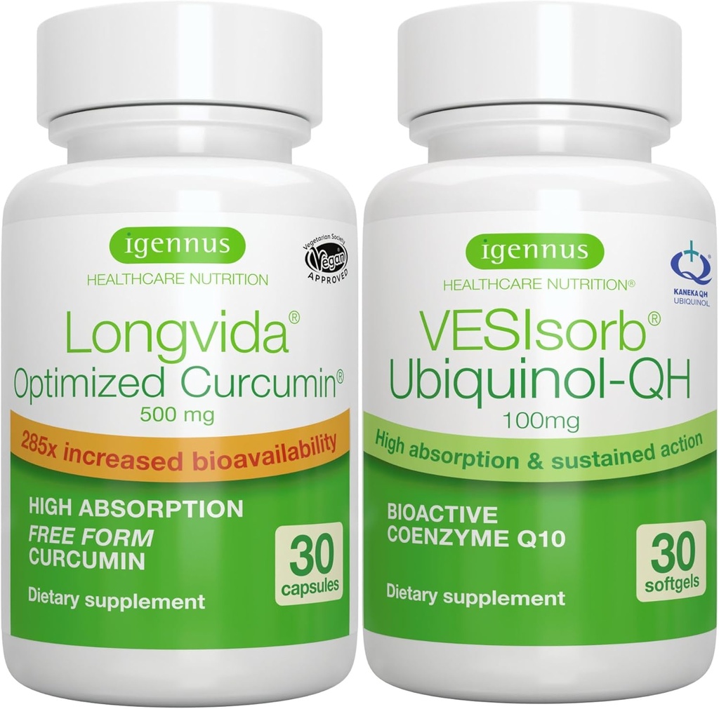 Longvida Curcumin 500mg + VESIsorb Ubikinol-QH Advanced CoQ10 100mg Bundle, Ultra biosaadav kurkumiin koos biosaadava ja kiire toimega Ubikinooliga, autor Igennus