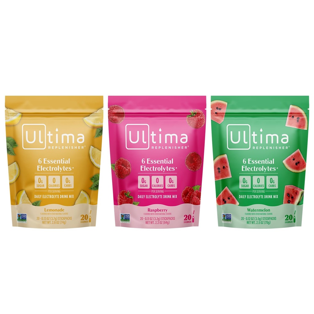 Ultima Replenisher Electrolyte Powder Drink Mix Bundle – Sugar Free – Limonaad ja Vaarika ja Arbuus, 20 Stickpacks – 6 Elektrolüüdid ja mineraalid – Keto Sõbralik, Vegan, Non-GMO