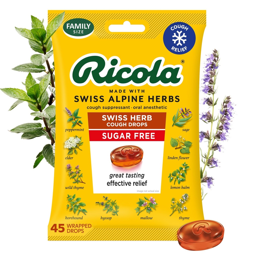 Ricola Sugar Free Swiss Herb Cough tilgad, 45 Count, Cough Suppressant & Throat leevendavad tilgad looduslikult hangitud mentooliga, maitsestamine köha ja kurgu ärrituse sümptomite leevendamiseks