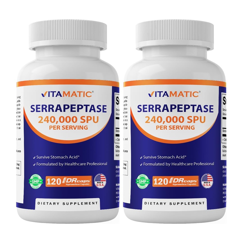 Vitamatic Serrapeptase 240 000 SPU Servings, 120 hilinenud vabastatud kapslit - Enteric Coated - Non-GMO- Valmistatud USA-s (120 loend (2. pakk))