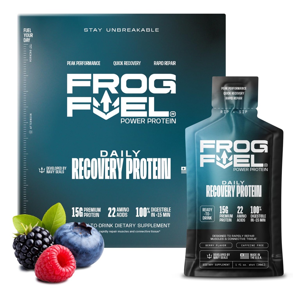 Frog Fuel Power Regular Protein Shot, 15g Valk Nano-Hydrolyzed Grass Fed kollageen, Post Treening, Gluteenivaba, Rasv ja Suhkruvaba, 22 Aminohapped, 0 Carbs, Berry, 1 oz Packets, 24 Pack