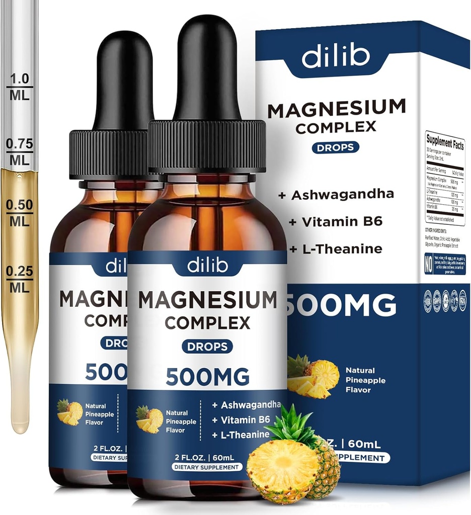 Magneesiumglütsinaat Vedelik tilgad 500mg - kolmekordne magneesiumkompleksi lisand tsitraadi, malaadi, ashwagandha, L-Theanine, vitamiin B6 une, stressi leevendamiseks, lihased, ananassi maitse 4 Fl Oz