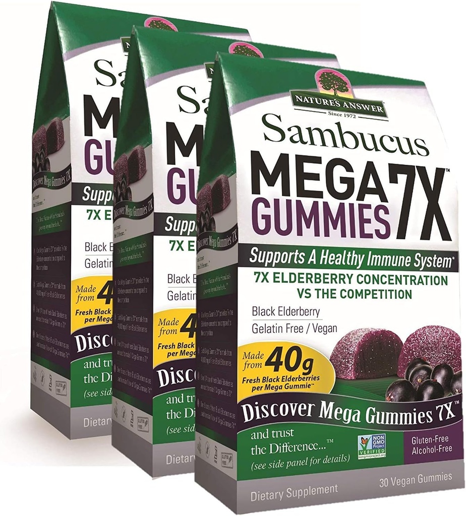Looduse vastus Sambucus Mega Gummies | 7X Rohkem Elderberry kontsentratsioon | Alkoholivaba, gluteenivaba, želatiinivaba, vegan, GMO-vaba ja säilitusaineteta | 30ct Gummies (3. pakk)