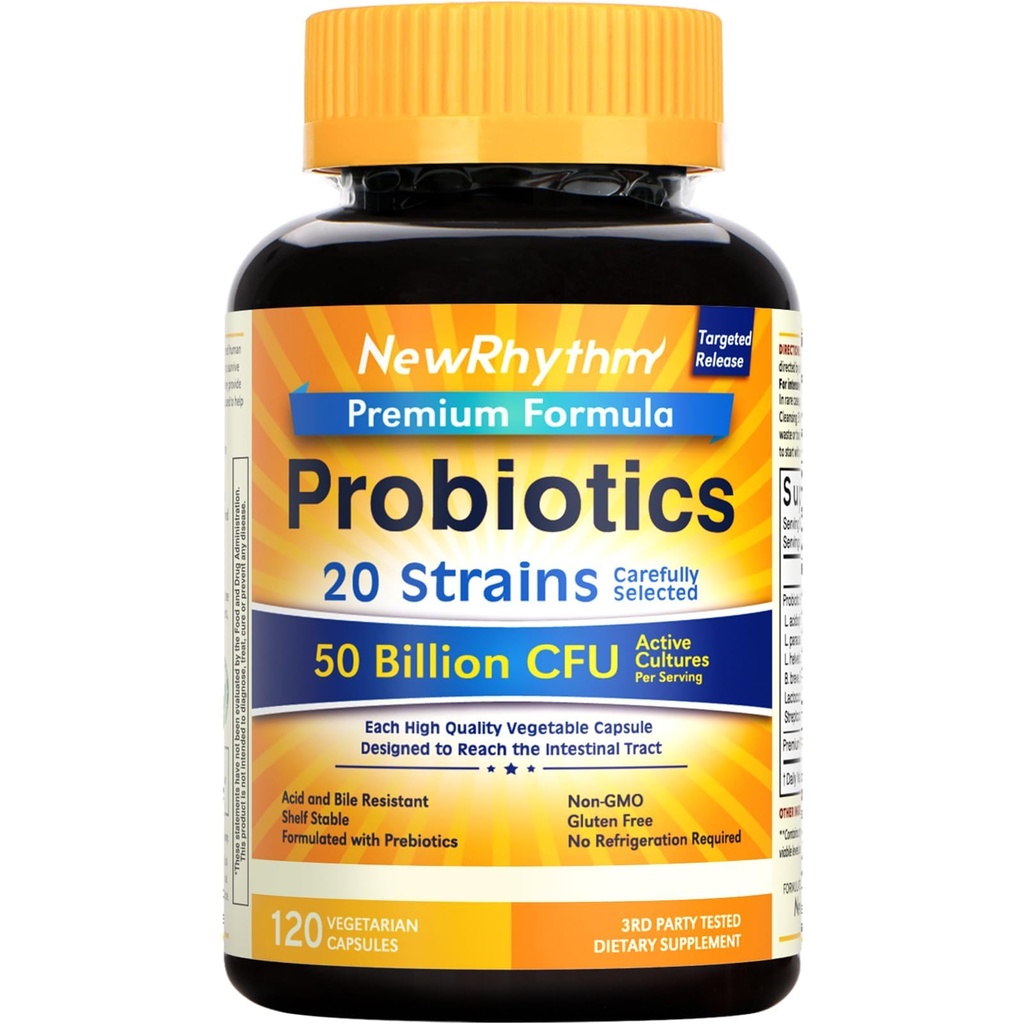NewRhythm probiootikumid 50 miljardit CFU 20 tüve, 120 köögiviljakapslit, suunatud vabastamistehnoloogia, maohappe resistentne, külmkappi pole vaja, pakend 1, mitte-GMO, gluteenivaba