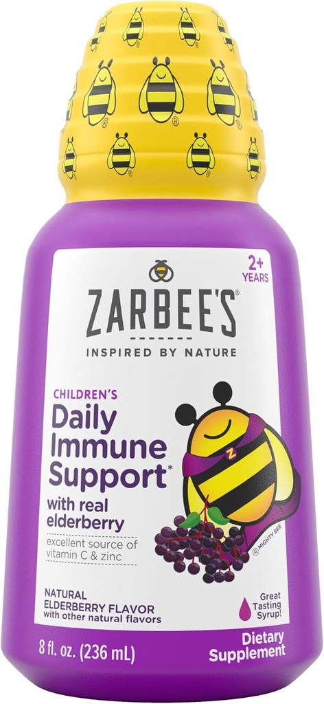 Zarbee's Elderberry Syrup lastele, igapäevane immuuntoetus C-vitamiini ja tsinkiga, laste vedelikulisand, looduslik marjamaitse, 8 fl oz