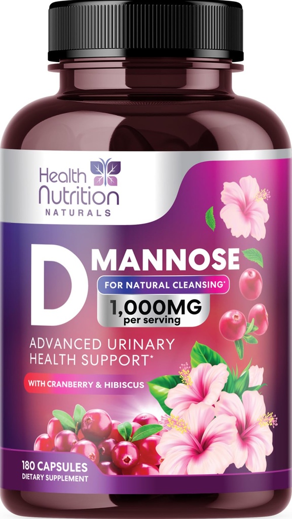 D-Mannoosi täiendus 1,350mg - Jõhvika, Hibiskuse ja Dandelioniga - kiire toimega, looduslik kuseteede ja põie toetus naistele ja meestele - Flush & Cleanse lisandid - Non-GMO, Vegan - 180 kapslit