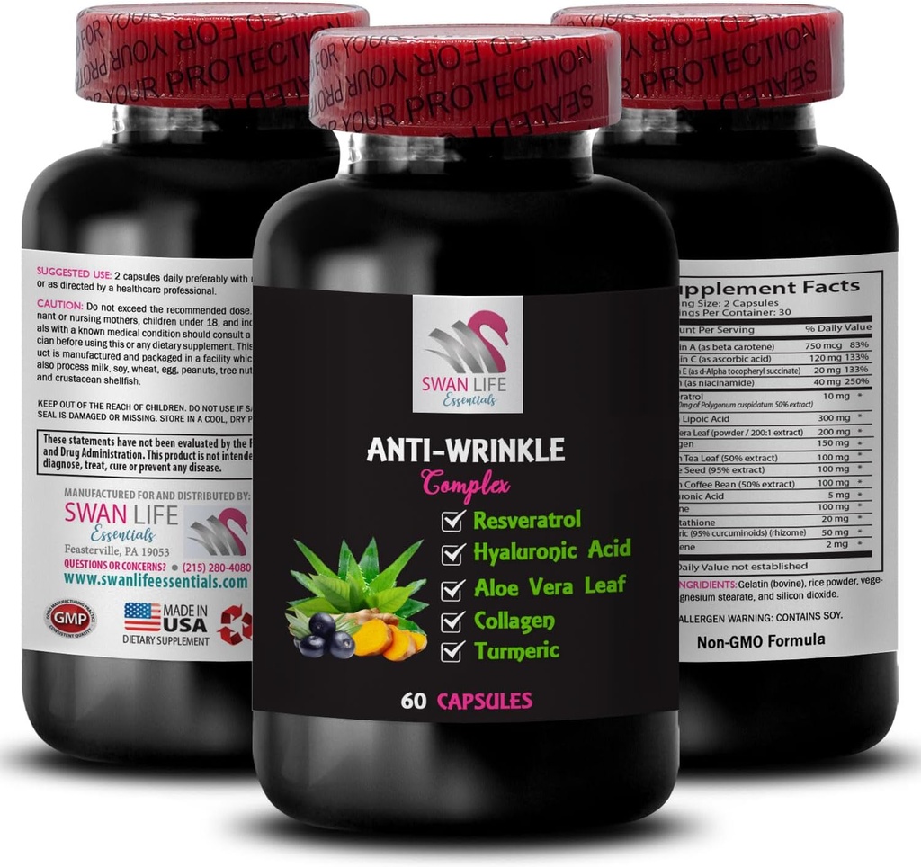 Alfa Lipoic Acid Support - ANTI-WRINKLE COMPLEX - Aloe Vera Leaf Benefits, Collagen Boost, Green Tee Leaf Extract, Viinamarjaseemne võimsus, Rohelised kohvioad kasu, hüaluroonhape 1 pudel 60 kapslit