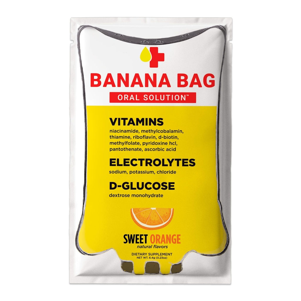 Banaani kotti suukaudne lahus taastamise paketid – Sweet Orange 30pk | värskendav segu elektrolüüte, vitamiin C ja B-kompleksi hüdraatmiseks ja energia. Mugav, kergesti segunev ja ideaalne igale elustiilile.