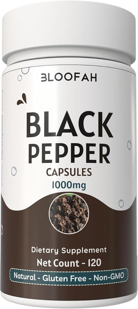 Musta piparkapslid 1000mg Powder | Piper nigrum | Non-GMO, Gluteenivaba | No Artificial Additives | GMP-sertifitseeritud | Taimne täiendus | Traditsiooniline heaolu (120 Count (Pack of 1))