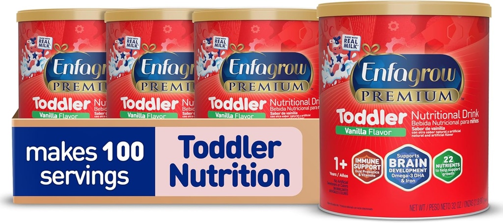 Enfagrow Premium Toitumisjook, Vanilla Maitse, Omega-3 DHA aju toetamiseks, Prebiootikumid ja vitamiinid immuunsüsteemi tervise jaoks, Pulber Can, 32 Oz, pakend 4