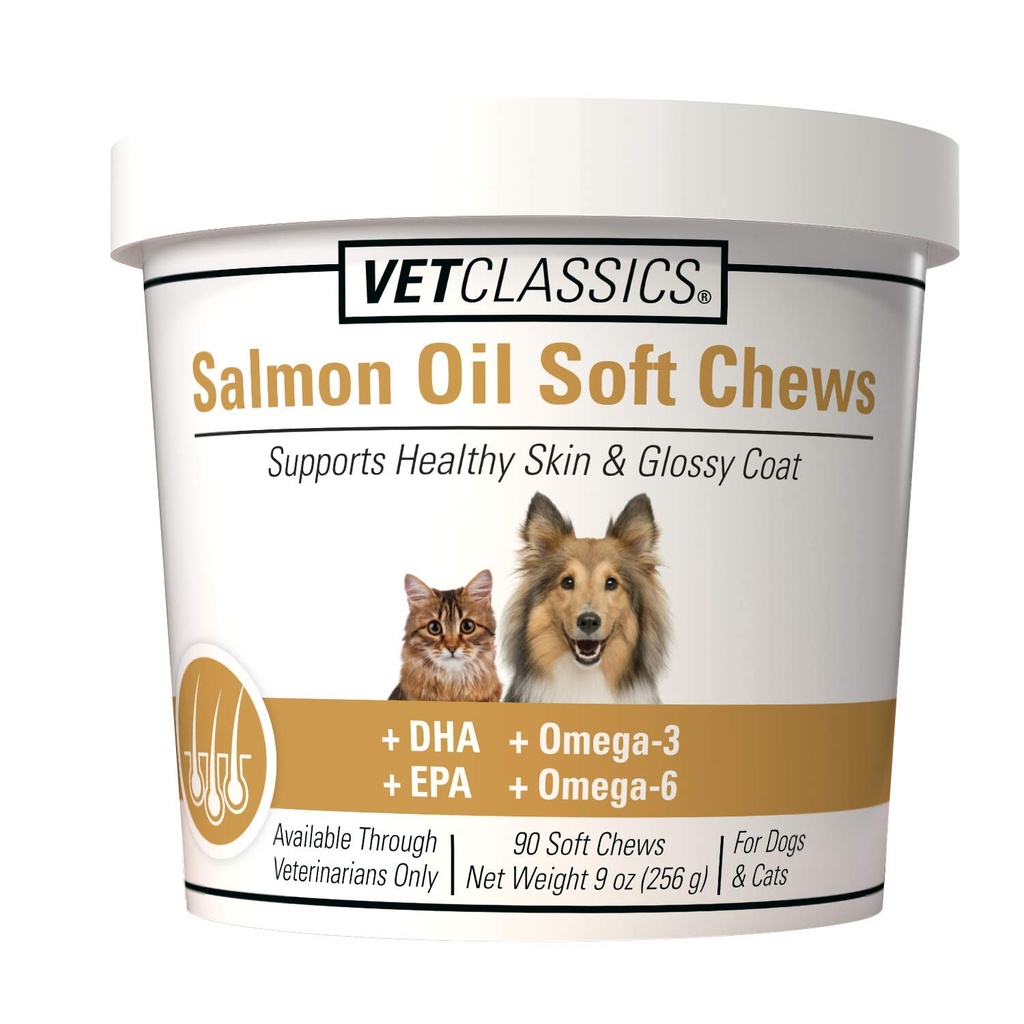 Vet Classics Salmon Oil Pet Supplement for Healthy Naha, läikivad mantlid - Koer Coat Supplement, Cat Skin Supplement - Sisaldab Omega-3, 6, 9, Allikas DHA, EPA - pehmed närid 90 Ct.
