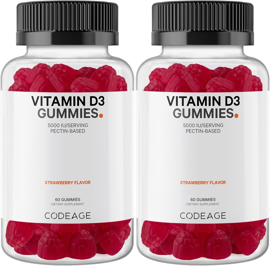 Kodeiin Vitamiin D3 Kummi Vitamiinid, Vitamiin D3 5000 RÜ Kummid Kolekaltsiferool 125 mcg, Pehme Pectin-Based, Animal želatiin-vaba Gummy, Gummies Vitamiinid, Maitsev Maasikas, Non-GMO - 2-Pack