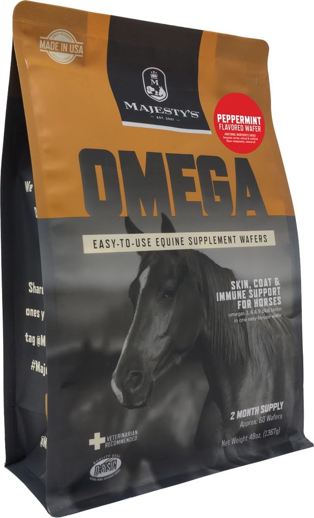 Majesty's Omega Vahvlid - Superior Horse / Hobuste nahk, mantel ja immuunsuse tugilisa - Omega 3, 6, 9 ja biotiin (Peppermint, 60 krahv)
