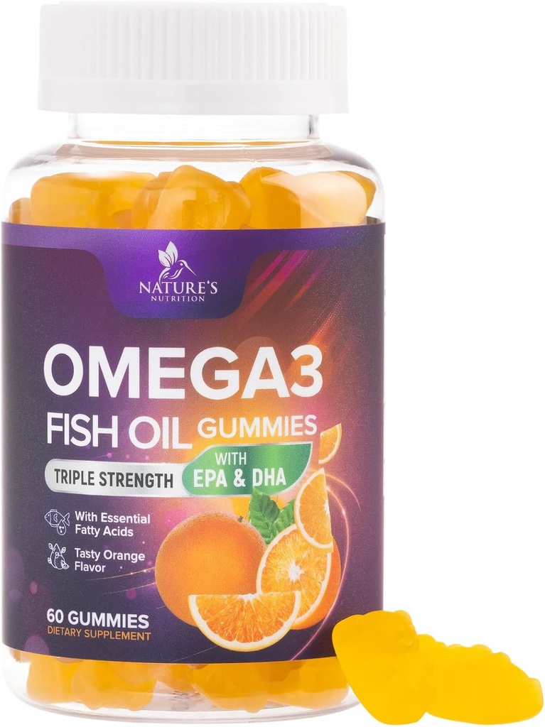 Omega 3 Fish Oil Gummies - Heart Health Support Omega 3 Gummy täiendus täiskasvanutele ja lastele, kellel on kõrge imendumine DHA & EPA, ühine ja aju toetus, maitsev apelsini maitse kalaõli vitamiinid, 60 Gummies