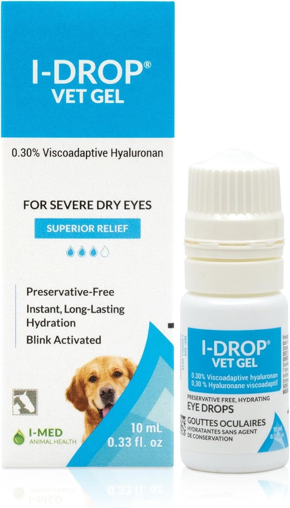 I-DROP Vet Gel: Lemmiklooma silmatilgad koertele | Määrdeaine Äge/hooajalised kuivad silmad | Superior Comfort | Pikaajaline leevendus | Vajalik on vähem pealekandmist, 0,30% Hüaluronan | Mitmeannuseline pudel | Üks pudel 10 ml