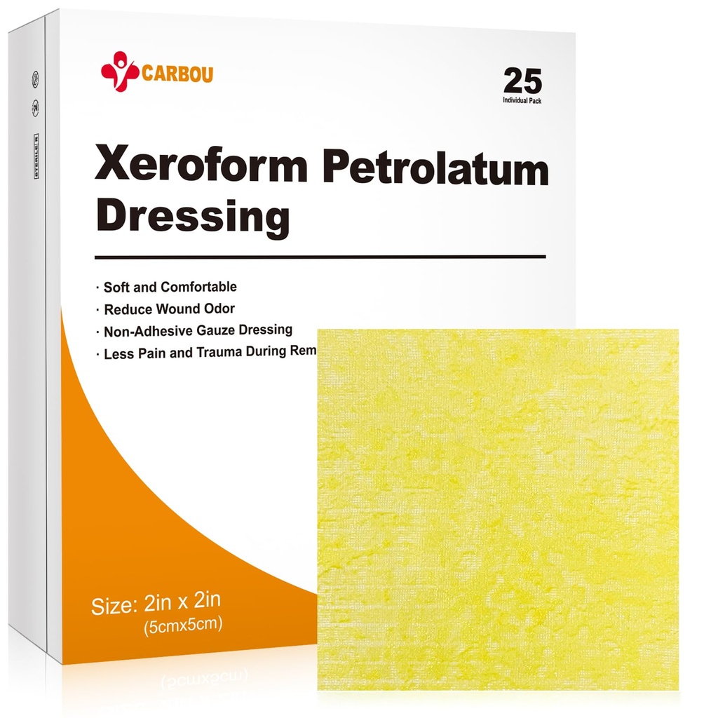 Carbou Medical Xeroform Petrolatum Dressing 2 "x2", 25 Individuaalne pakend, Non-Adherent Gauze Pads, Soft Fine Mesh Gauze Patch haavahoolduseks, põletused, retseratsioonid, Naha pooked ja kirurgilised sisselõiked