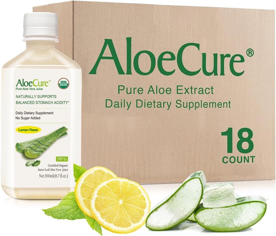 AloeCure USDA orgaaniline Aloe Vera mahl Sidrunmaitse - valmistatud 12 tunni jooksul saagikoristusest - looduslik seeditav toidulisand tasakaalustatud kõhuhappele - seedetrakti ja immuunsüsteemi tervise toetamine, 18 Btls x 16.7oz
