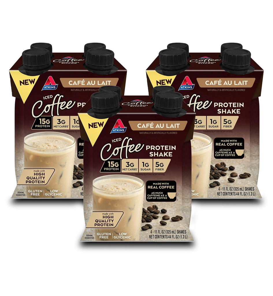 Atkins Café au Lait Jäätunud Kohv Maitsestatud Valgukoks, Kõrge Valgukoks, Madal Suhkur, Madala Süsivesikusisaldusega Ja Madala Suhkruga, Keto Sõbralik, Gluteenivaba, 12 Krahv