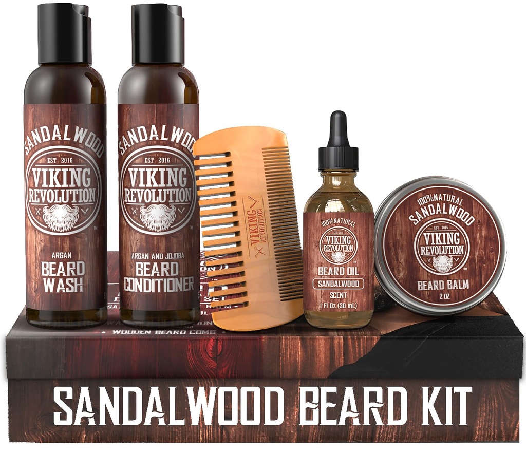 Viking Revolution Ultimate Conditioner for Men's Beard Grooming - Softens, Smoothes and Soothes Beard Itch - Sisaldab pesu, konditsioneeri, õli, palsamit ja kammi - Sandalwoodi lõhn