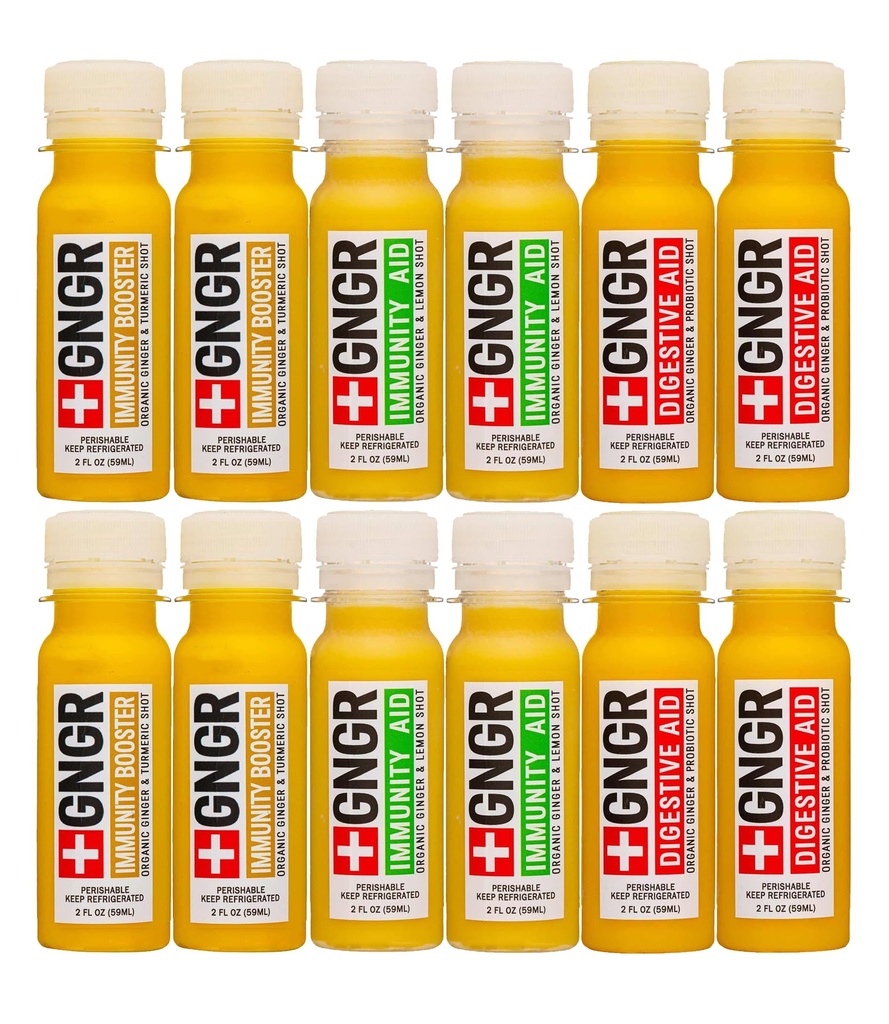+GNGR Immunity Sampler Organic Ginger Wellness Shots - Premium ingveri kaadrid kõigile looduslikele seedehäiretele ja immuunsuse toetamisele, seedetrakti abile, soolestiku puhastamisele ja Detox 2 fl oz (Pack of 12)