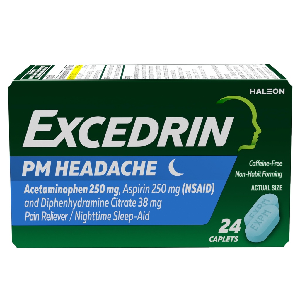 Excedrin PM peavalu leevendamiseks, atsetaminofeen 250mg, aspiriin 250mg, difenhüdramiintsitraat 38mg, valu leevendaja, öine uneabi, 24 krahv