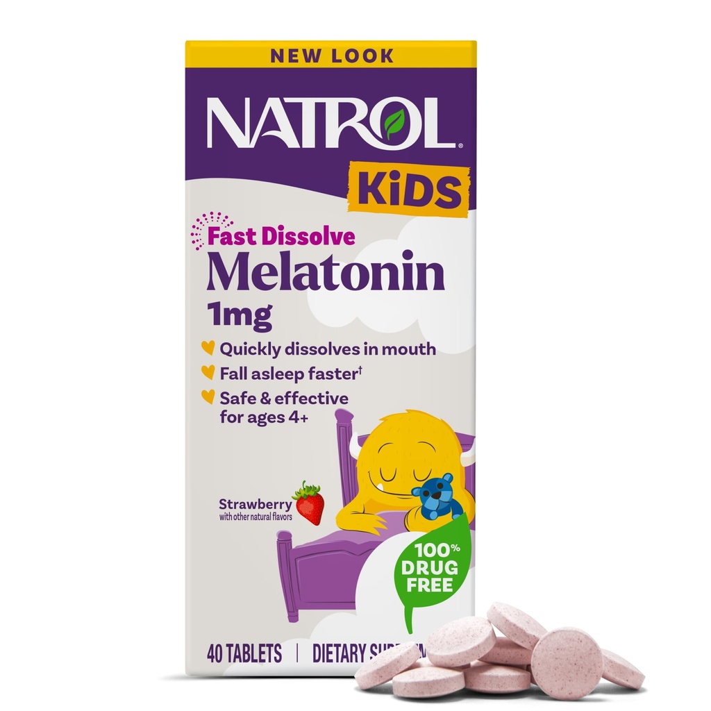 Natrol Kids Fast Lahustage 1 mg melatoniin, toidulisand rahutu une jaoks, une tabletid lastele, 40 maasikamaitselist melatoniini tabletti, 40 päeva pakkumine