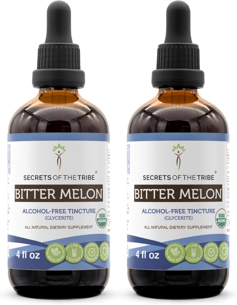 Saladused Tribe Bitter Melon USDA orgaaniline | Alkoholivaba ekstrakt, suure tugevusega taimetilgad | Valmistatud 100% sertifitseeritud orgaanilisest mõru melonist (Momordica Charantia) Kuivatatud puuviljast (2x4 oz)