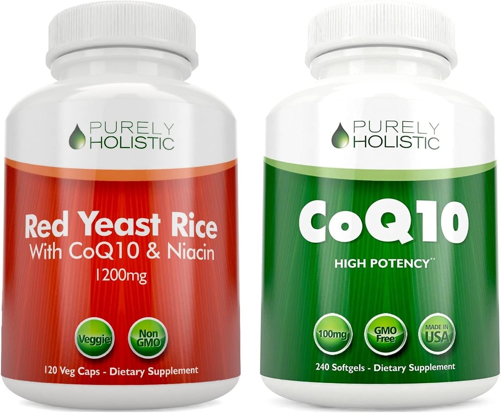 Puhtalt holistiline punase pärmi riis 1200mg & niatsiin + CoQ10 100mg - 120 kapslit & 240 Softgels Bundle - valmistatud USAs