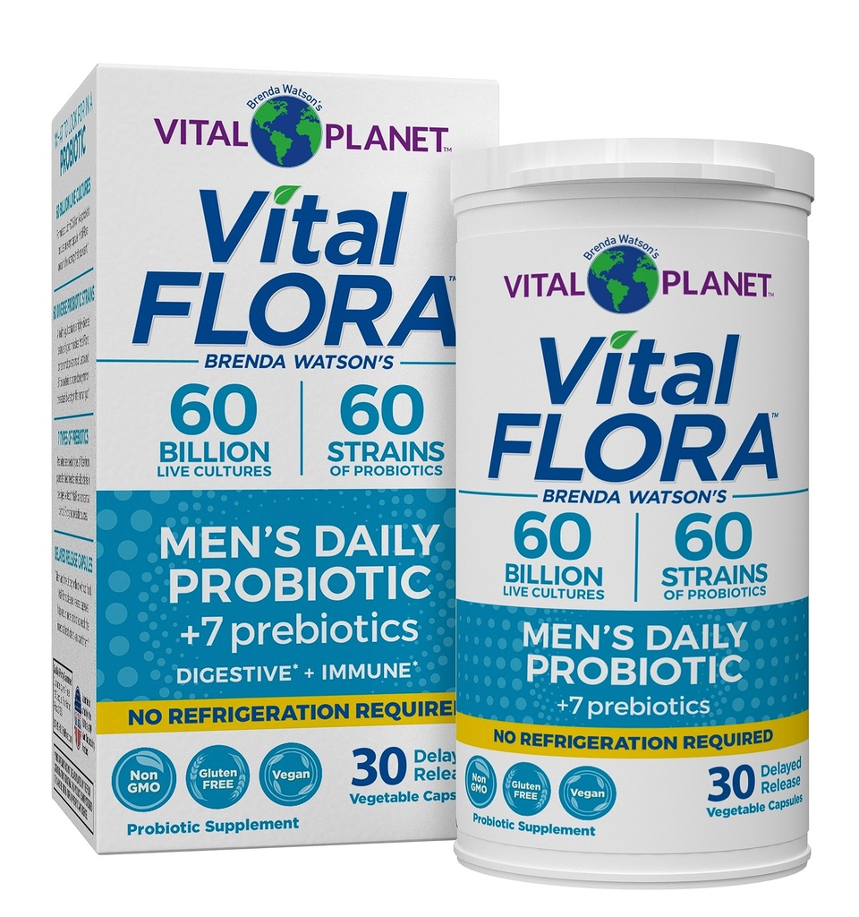 Vital Planet - Vital Flora probiootikumid meestele, 60 miljardit CFU, 60 erinevat tüve, 7 orgaanilist prebiootikumi, meeste igapäevane riiulil stabiilne probiootikum immuunsuse toetamiseks, gaasi leevendamine, seedetrakti tervis 30 kapslit