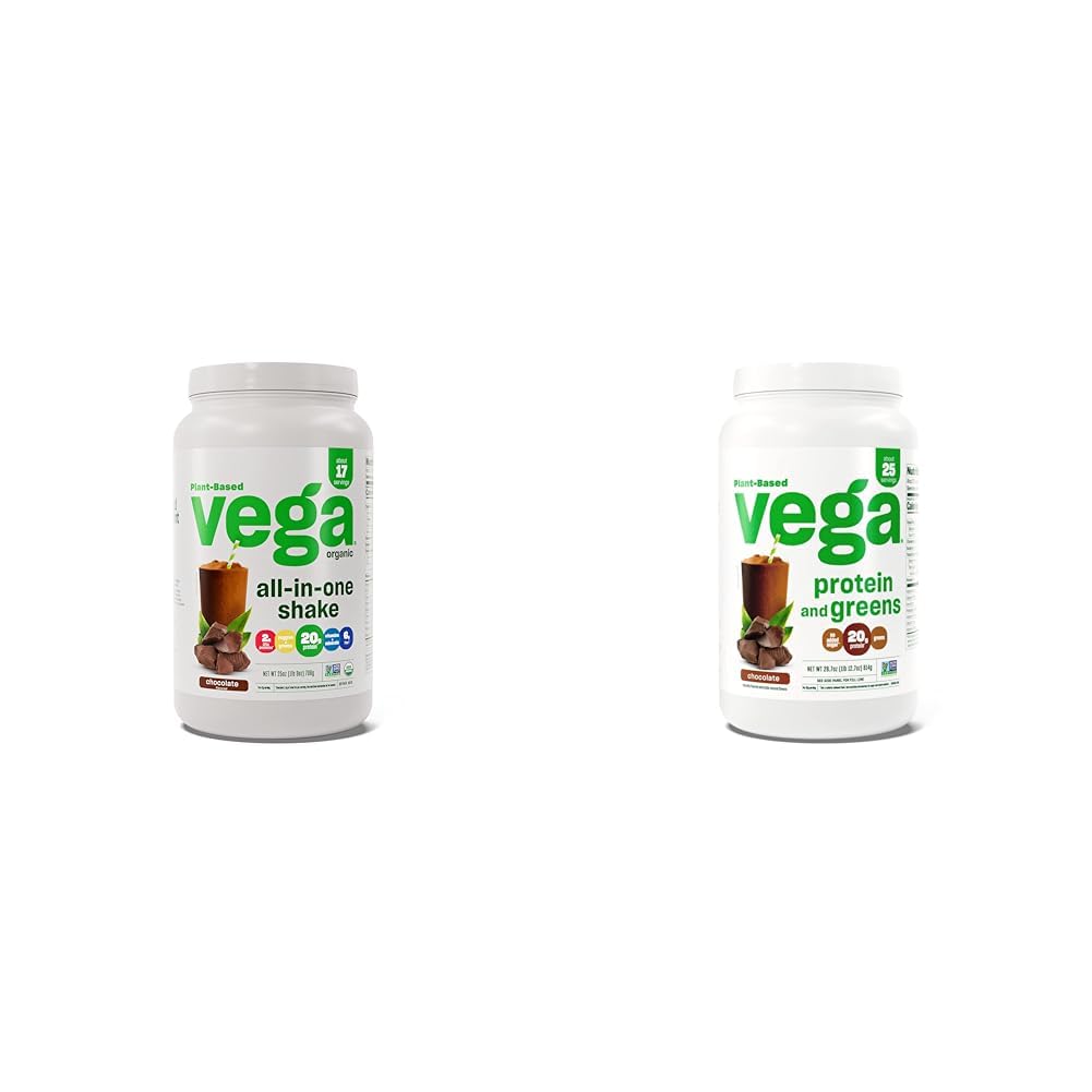 Vega Orgaaniline All-in-One Vegan valgu pulber, šokolaad ja valk ning rohelised valgu pulber, šokolaad