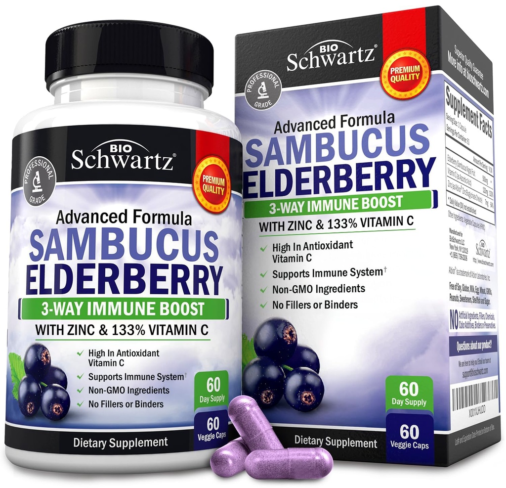 Elderberry kapslid tsingi ja C-vitamiiniga täiskasvanutele - Immuunsüsteemi tugivitamiinid naistele ja meestele - Black Sambucus Elderberry C-vitamiin ja tsink - Immuunkaitse multimineraalid täiendus, 60 Count
