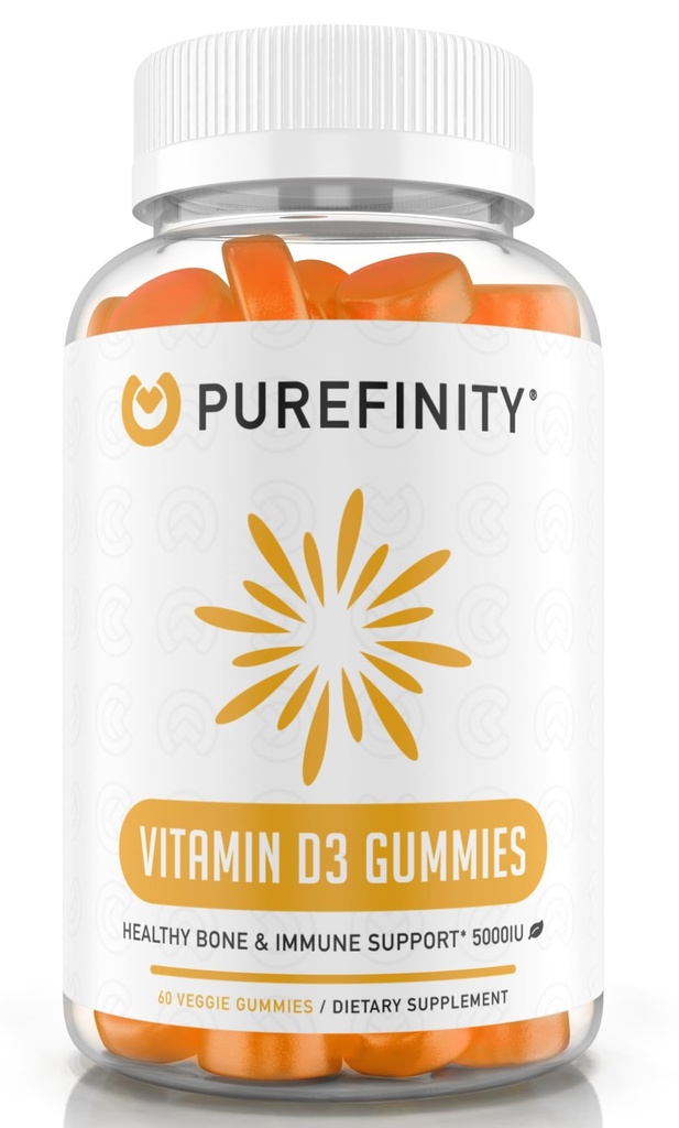 PUREFINITY Vitamiin D3 5000 iu Gummies - teie igapäevane D-vitamiini lisand luude tervisele, immuunsüsteemi tervisele ja liigeselihaste toetusele täiskasvanutele ja lastele - gluteenivaba, mitte-GMO - 60 köögiviljakummi