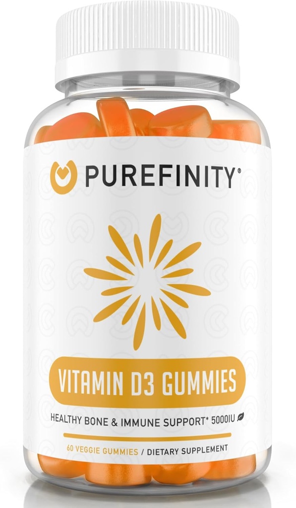 PUREFINITY Vitamiin D3 5000 iu Gummies - teie igapäevane D-vitamiini lisand luude tervisele, immuunsüsteemi tervisele ja liigeselihaste toetusele täiskasvanutele ja lastele - gluteenivaba, mitte-GMO - 60 köögiviljakummi
