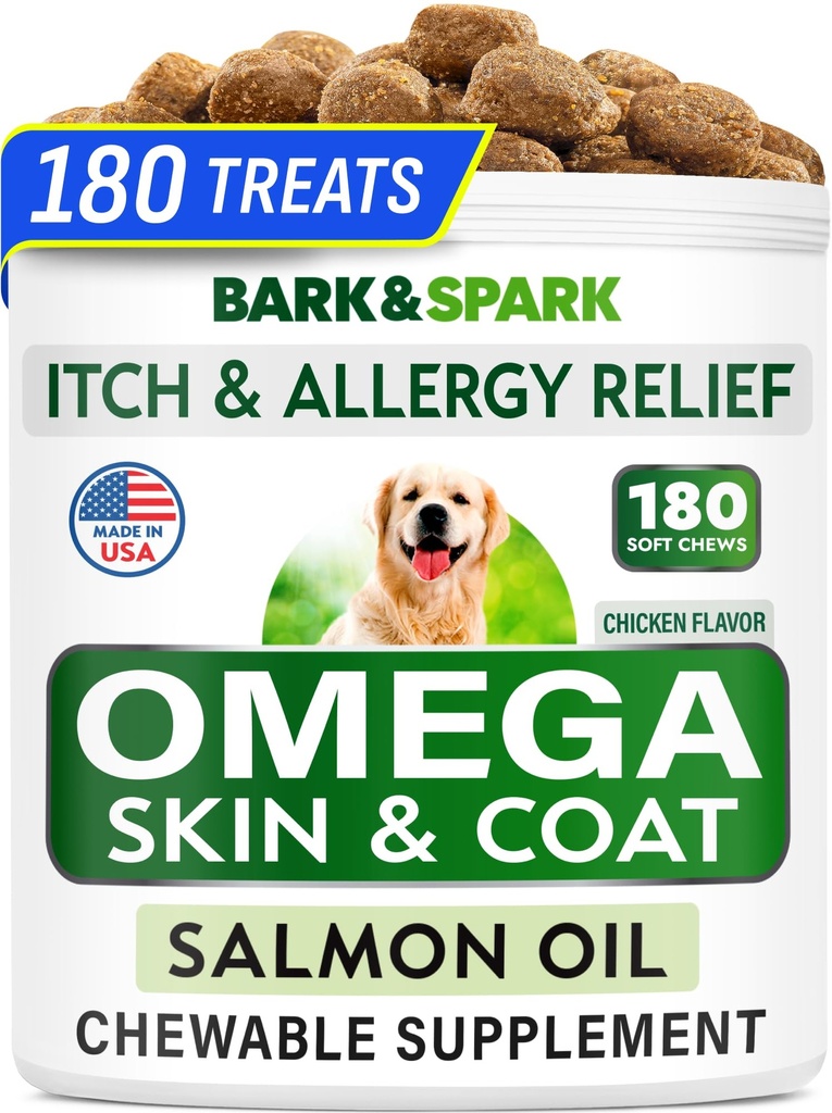 BARK & SPARK Omega 3 koertele - 180 kalaõli ravi koertele, nahaallergia närimine, sütiku leevendamine, kuumad kohad ravi - ühine tervis - naha ja karva lisand - EPA & DHA rasvhapped - lõheõli