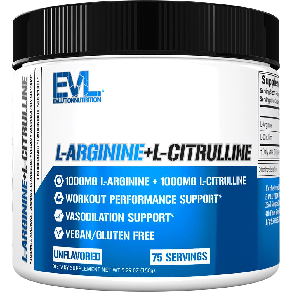 Evlution Nutrition L-arginiin + L-tsitrulliin - kestvus + treeningu tulemuslikkuse täiendus - 2000mg kompleks - vasodilatatsioon + lämmastikoksiidi tugi - vegan + gluteenivaba pulber - 75 serveerimist
