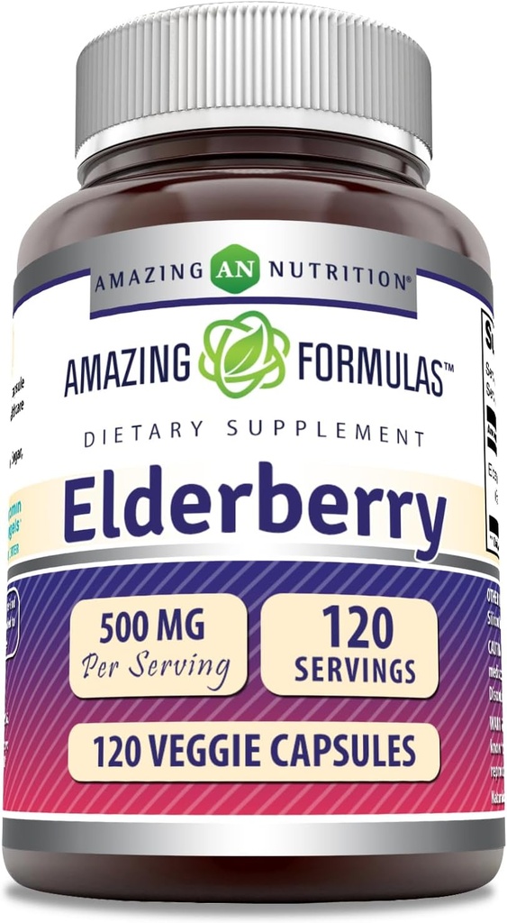 Amazing valemid Elderberry Supplement | 500 Mg per Serving | 120 Veggie kapslid | 10: 1 Kontsentraat | Mitte-GMO | Gluteenivaba | Valmistatud USAs