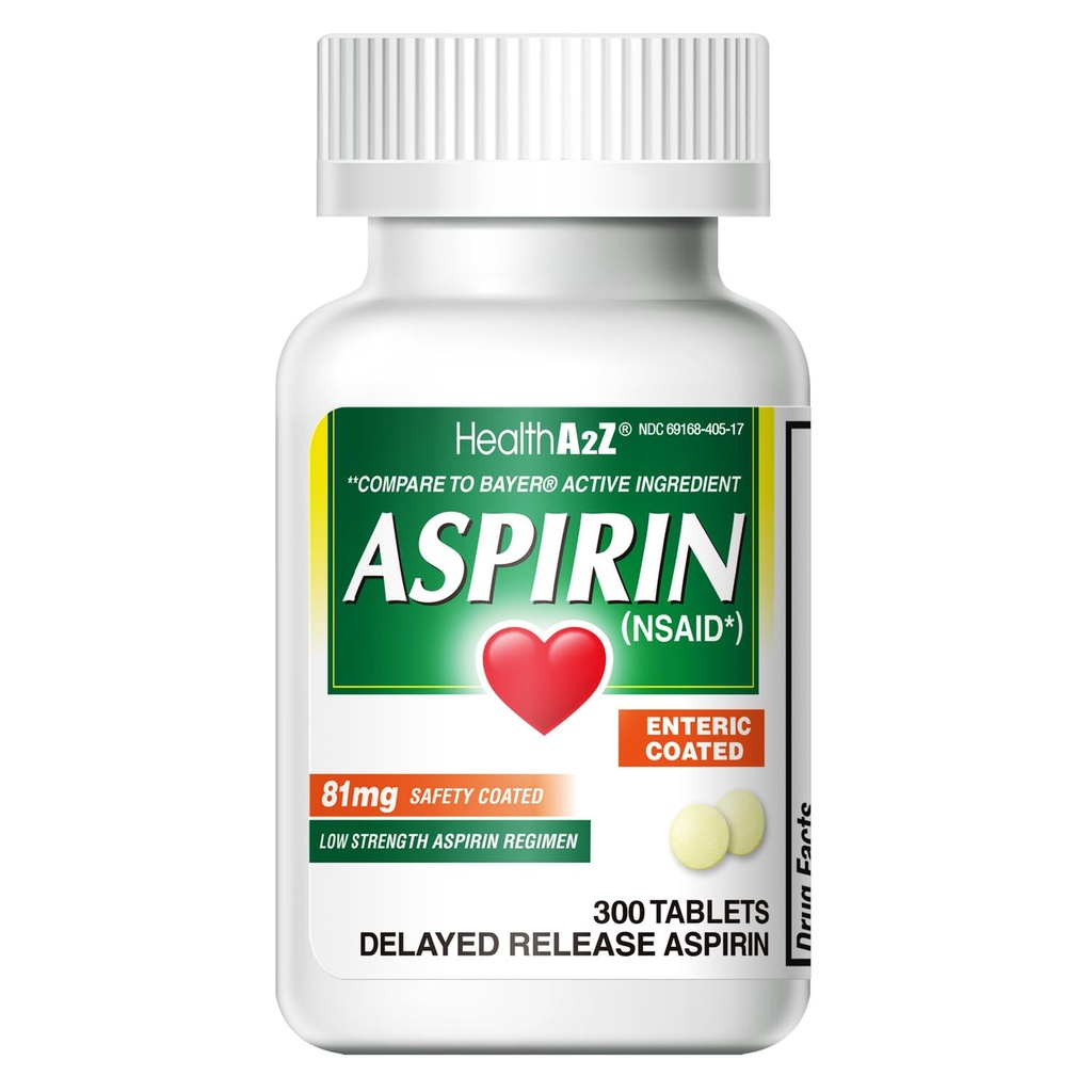 HealthA2Z® Aspiriin 81 mg | Madal tugevus | Soolestikuga kaetud | Valu leevendamine | Vähendab väiksemaid valusid Lihasvalu ja krampe | Palaviku vähendaja | Vähendab peavalu (300 loendust)
