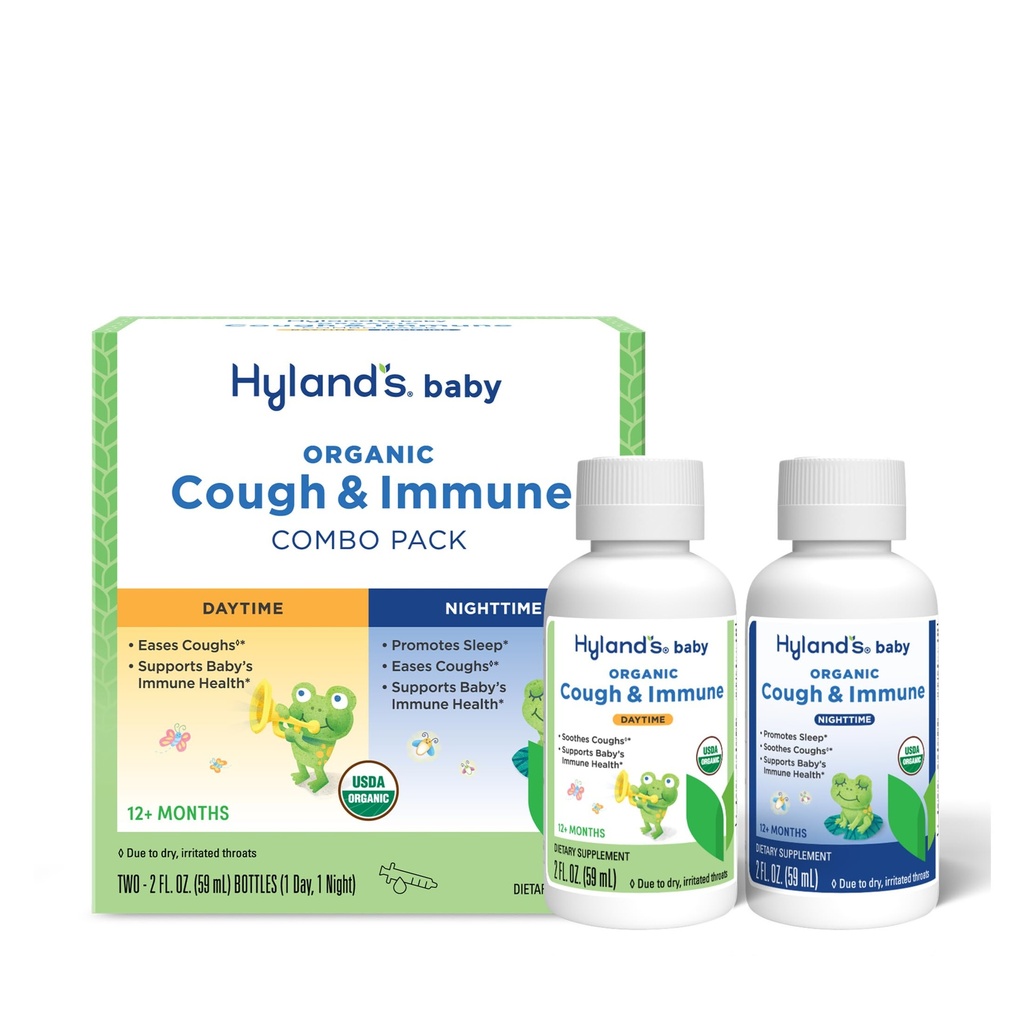 Hyland's Baby Organic Cough Syrup ja Immune Support Day and Night Combo Pack, leevendab köha, toetab immuunsust, soodustab und, kaks 2 Fl Oz. Pudelid (4 fl oz)