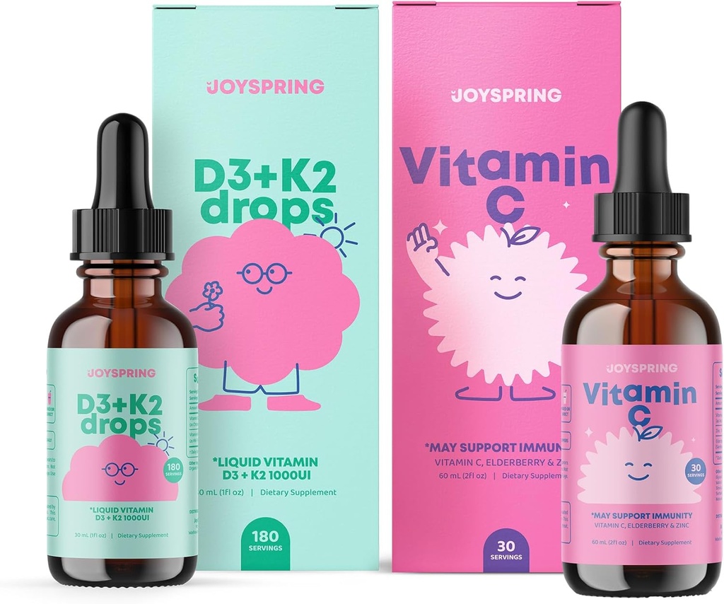 JoySpring C-vitamiin + Elderberry tilgad + Tsingi lisandid lastele Immuunsüsteemi tugi ja D-vitamiini tilgad immuunsuse ja südame tervise jaoks